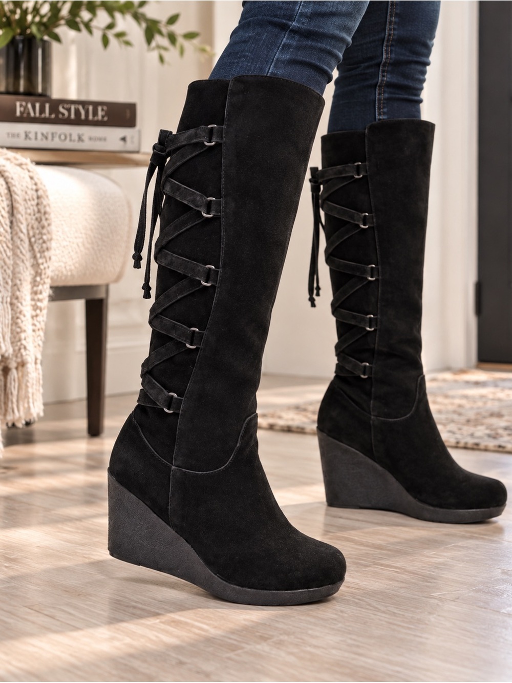 BearPaw Suede Leather Tall Wedge Lace‎ Up Boots Pull On Sz 10